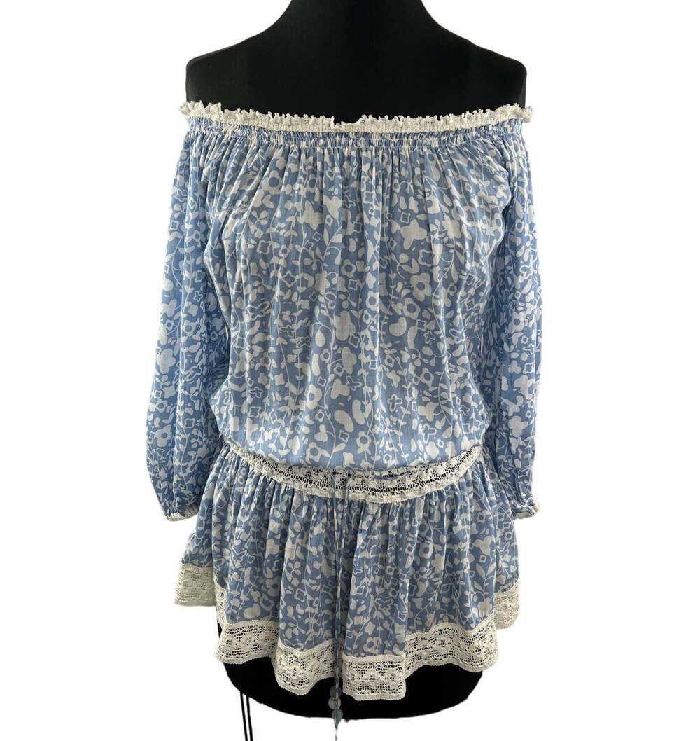 Poupette St Barth Blouson Top Cotton Blend Blue White Floral Print 3/4 Sleeve 1